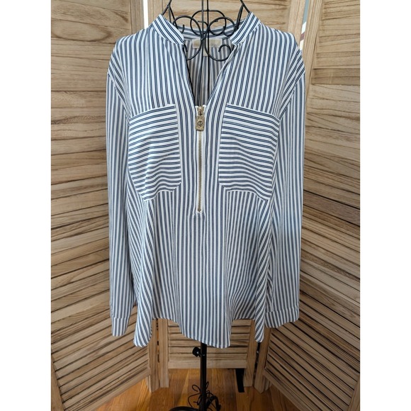 MICHAEL Michael Kors Tops - Michael Kors Navy Blue White Striped Blouse Quarter Zip Size XL Beach Nautical